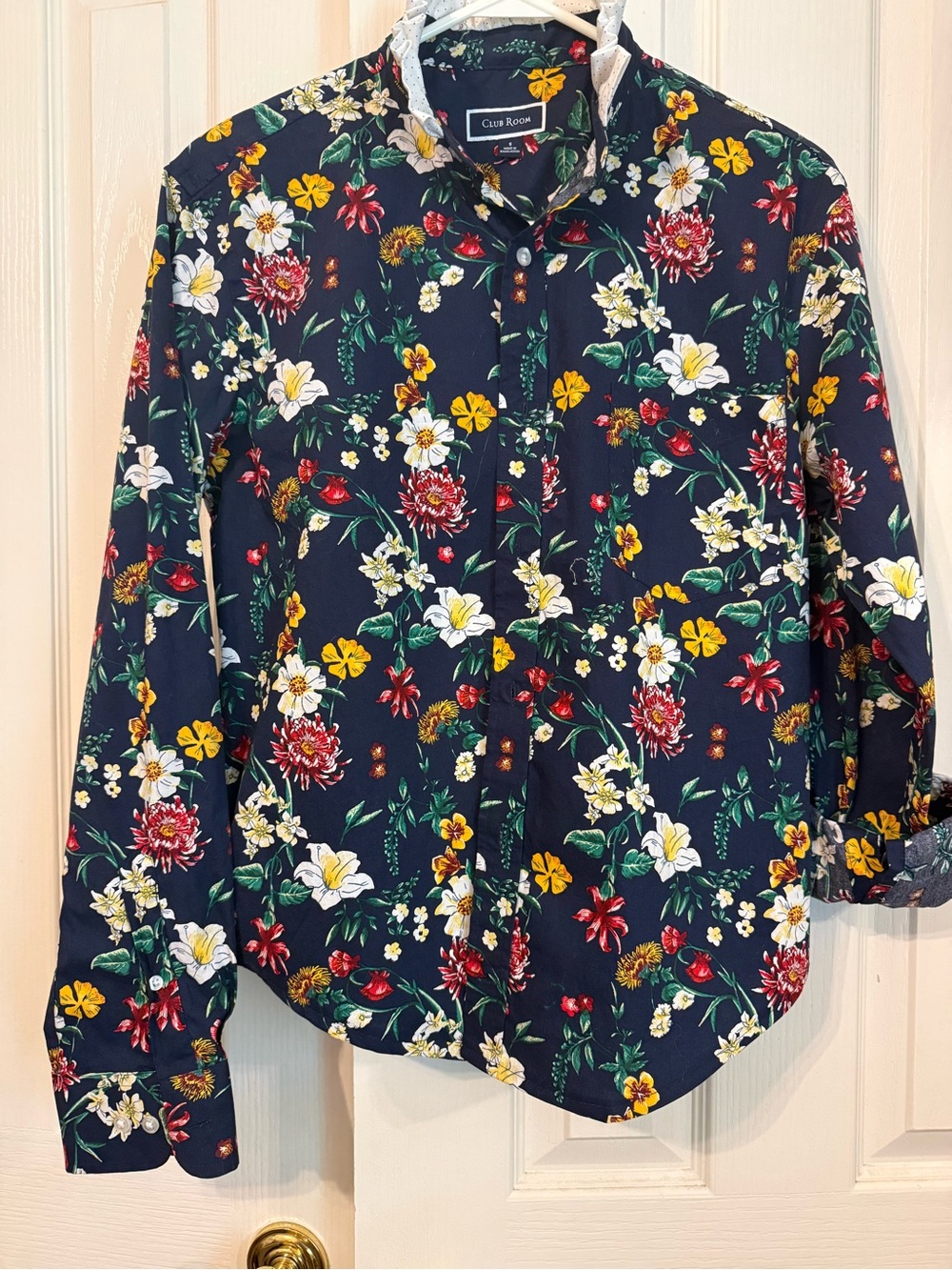 Woman’s Navy Tropical Floral ruffle collar Button-Down Shirt